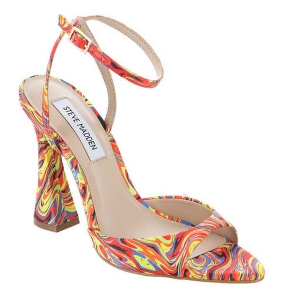 Steve Madden Beki Orange/Multi Flare Heel Ankle Strap HEEL Sandal Shoe 8.5 - Picture 1 of 10